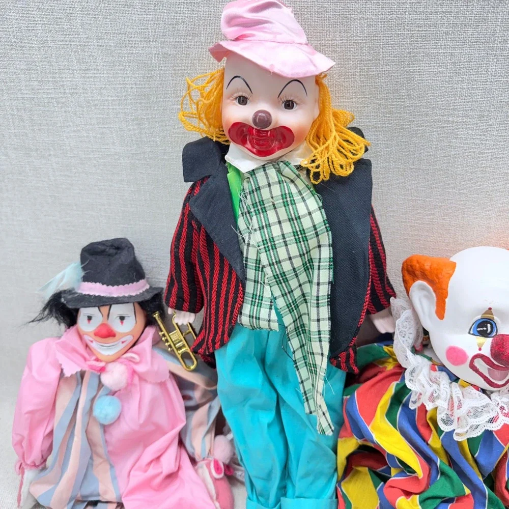 Vintage Clown Doll Lot of 4 Porcelain Ceramic Plastic Circus Decor Mid Century